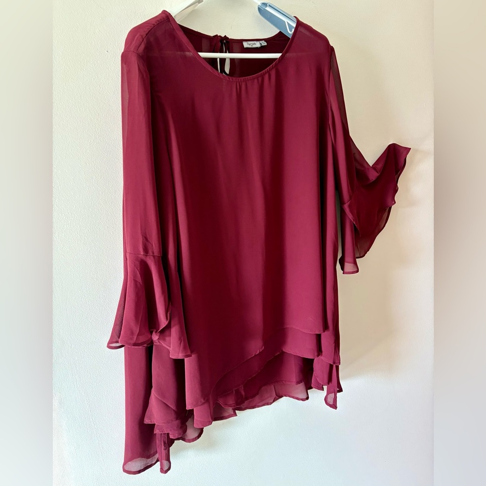 Elegant Burgundy Layered Flowing Chiffon Blouse by Symple NYC, Ladies 2X